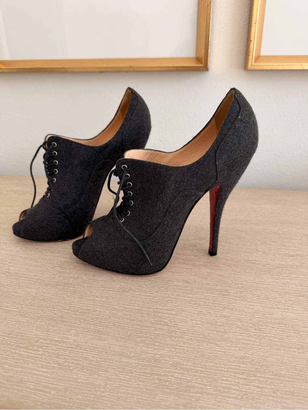 Christian Louboutin Dark Gray Wool Peep-Toe Lace-Up Booties with Red Sole